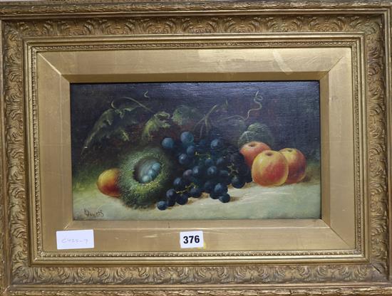 C. Dawkes, oil on board, Still life of fruit in a birds nest, 20 x 34cm